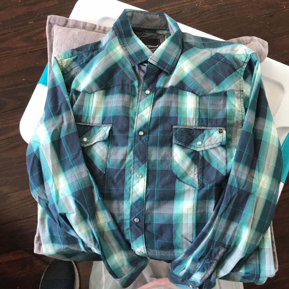 7 Diamonds Green and Blue Plaid w Pearl Snaps Sz S